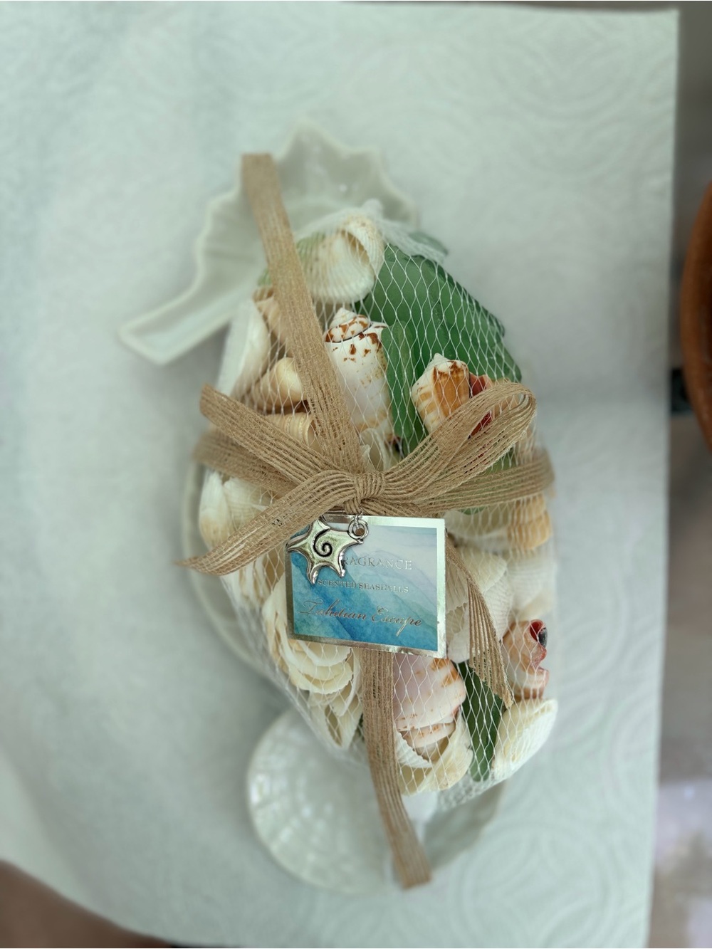 Ceramic Seahorse With Shells and sea glasses.